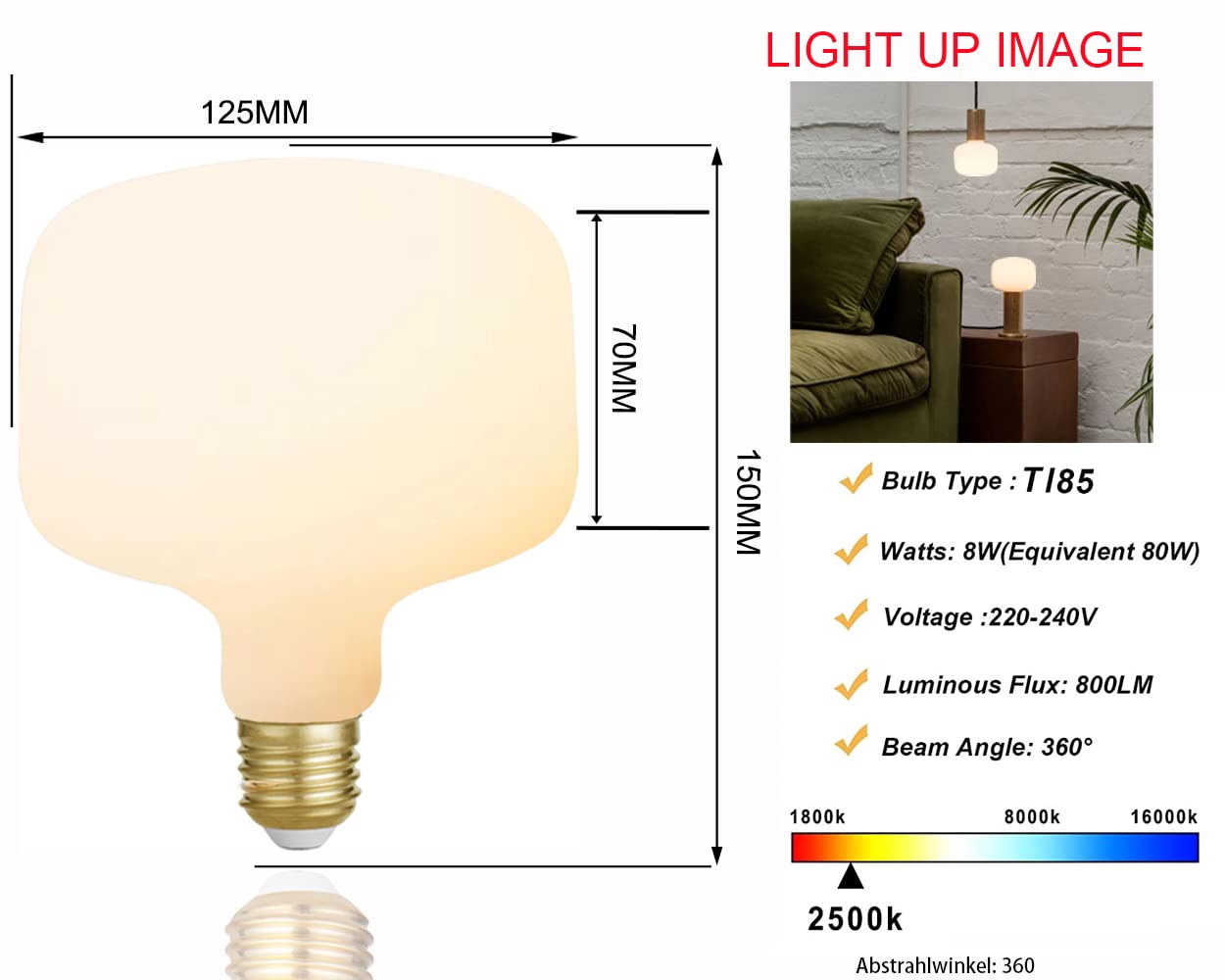 Biała matowa żarówka LED - T185-8W E27 2500K ściemnialna 2 sztuki
