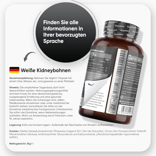 Kidneybohnen Extrakt 5000mg - Mit Zink & Chrom - 180 Kapseln für 6 Monate - 50:1 Weißer Kidney Beans Extract - Chrom trägt zu einem normalen Makronährstoff Stoffwechsel bei (EFSA) - WeightWorld