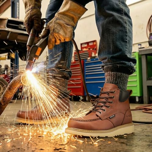 Image of NINGO Steel Toe Boots for Men, Non Slip Mens Moc Toe Boots with Water Resistant Full Grain Leather, EH Rated Oil Resistant Wedge Sole, Comfortable Safety Work Boot for Construction Industrial, Brown