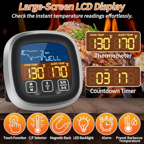 JAMATA Digitales Grill-Thermometer,Schnell & Präzise Ablesbares Bratenthermometer mit 16cm Edelstahlsonden,magnetisches Fleischthermometer mit Alarmfunktion für den Backofen,... – Bild 4