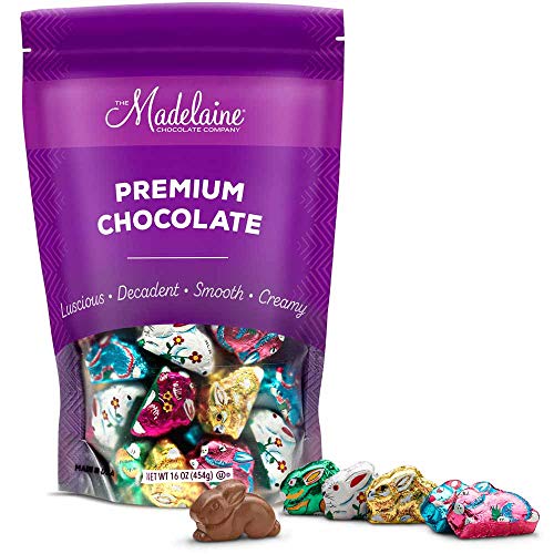 Madelaine Highly Detailed, Bite-sized, Solid Premium Milk Chocolate Easter Sitting Bunnies Wrapped In Colorful Italian Foils (1 LB)