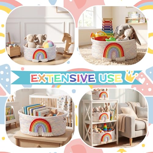 Image of Breling 3 Pack Toy Storage Baskets, Teacher Woven Cotton Rope Storage Bins with Rainbow Design for School Supplies, Books, Blankets, Clothes, Playroom, Nursery, Classroom, Back to School Gift