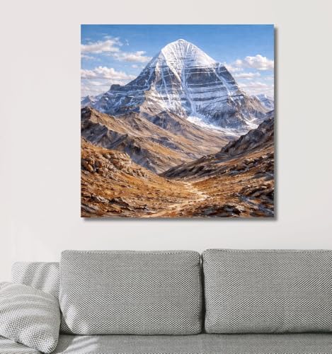 Image of Kunj Cart Mount Kailash Painting | 10+ DESIGNS | Kailash Parvat Canvas Painting for Living Room, Temple Home & Office Wall Decoration (Mount Kailash Painting, 18x18 Inch, Framed)
