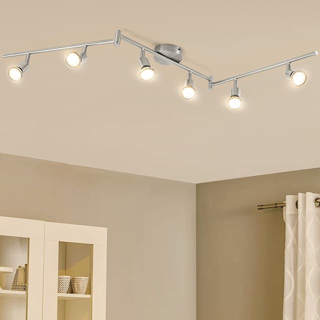 Bojim 6-Light LED Ceiling Spotlight, 6 x GU10 6W 550LM 2700K Warm White, 6 Way Rotatable LED Ceiling Lamp for Kitchen, Living Room, Bedroom, Matte Nickel & Swivelling Bar Design 220V-240V, IP20