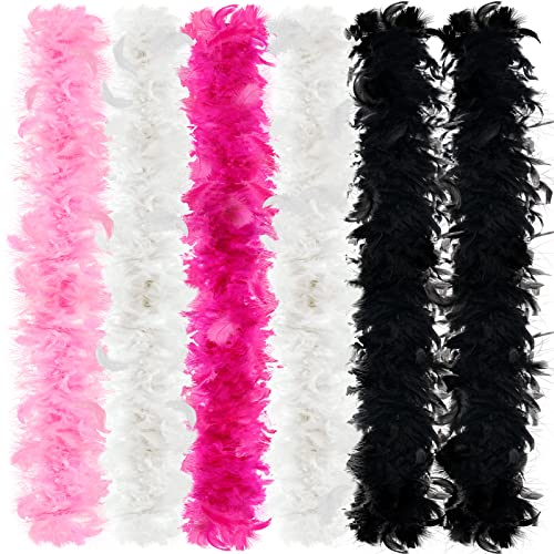 Juinte 6 Pcs 40Gram Colorful Party Feather Boas 6.56Ft Mardi Gras Feather Boa Bulk For Adults Mardi Gras Party Wedding Halloween Costume Accessories (Pink, Rose Red, White, Black) #TOP29