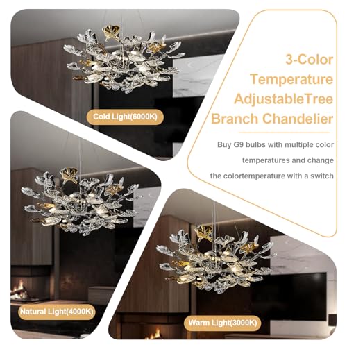 Image of AioTio Black Modern Chandeliers for Dining Room, D31.5''Tree Branch Round Glass Ginkgo Leaf Farmhouse Chandelier,Large Ceiling Hanging Vintage Chandelier for Living Room,Entryway,Kitchen Island,Foyer