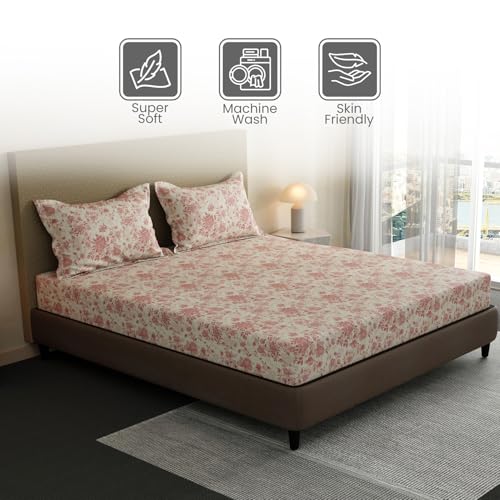 Image of Layers 100% Cotton Bedsheet for King Size Bed | Lumina Floret Collection | 144 TC Soft & Breathable | Floral Print with 2 Pillow Covers | Wrinkle Free & Colorfast | 3 Piece Bedding Set - Pink