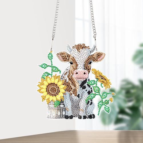 Image of Sunflower and Cow Diamond Art Hanging, DIY 5D Diamond Painting Ornament with Rhinestones, Handmade Craft Gift for Wall, Door, Window, Home or Garden Decor