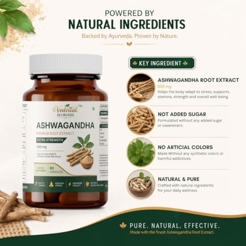 Image of Ashwagandha Root Extract Capsules | Withania Somnifera Root Extract | Herbal Supplement | Supports Strength, Stamina, Energy, Sleep & Overall Vitality - Pack of 2(120 Capsules)