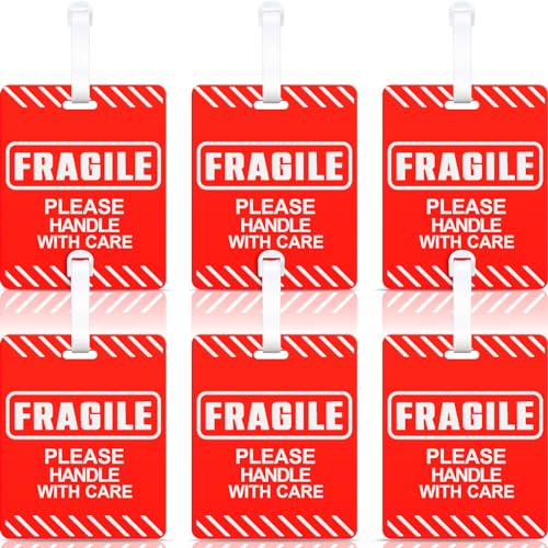 Barydat 6 Pcs Fragile Luggage Tags for Suitcases 5 x 4 Inches Bright Travel Bag Tag Glitter Luggage Tag for Women Men (Red)