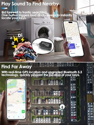 Image of Keychain, Key Finder Built-in Anti-Loss Tracker, Heavy Duty Key Holder, Premium Stainless Steel Keychain Carabiner Car Key Chains with GPS Global Locator Tracking Waterproof (B-Black)