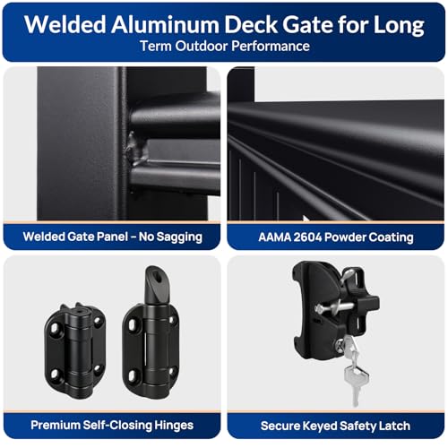 Image of Egadis 36in.H x 4 ft.W Welded Aluminum Deck Gate Kit with Latch and Auto-Closing Hinge, Designed for Super Easy DIY, Cuttable AAMA 2604 Outdoor Gate Kit for Deck, Patio, Garden, Yard, Porch