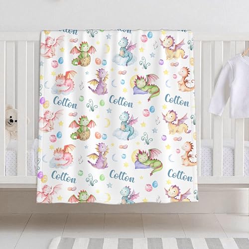 Personalized Dragon Baby Blanket with Name - Swaddle Blanket for Toddlers, Infants, Kids, Shower, Newborns - Nursery Stroller Crib Decor Throw - Birthday Gift