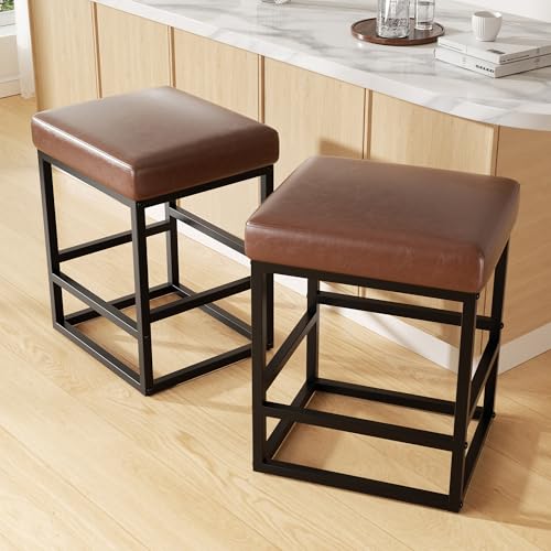 Image of Bar Stools Set of 2, 24in Counter Height Barstools, Faux Leather Counter Stools with Thick Square Seats & Sturdy Metal Base, Modern Bar Chairs for Kitchen Island (Dark Brown)