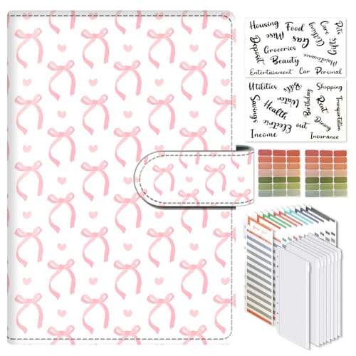 ALKKDPS Budget Binder with Cash Zipper Envelopes, Cute A6 Money Saving Binder, PU Leather Money Organizer, Cash Envelopes and 12 Expense Budget Sheets for Budgeting White Pink Bows