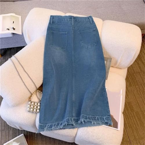 Vintage Fringe High Waisted Denim Skirt Women's Medium-Lengtha- Line Long Skirt4