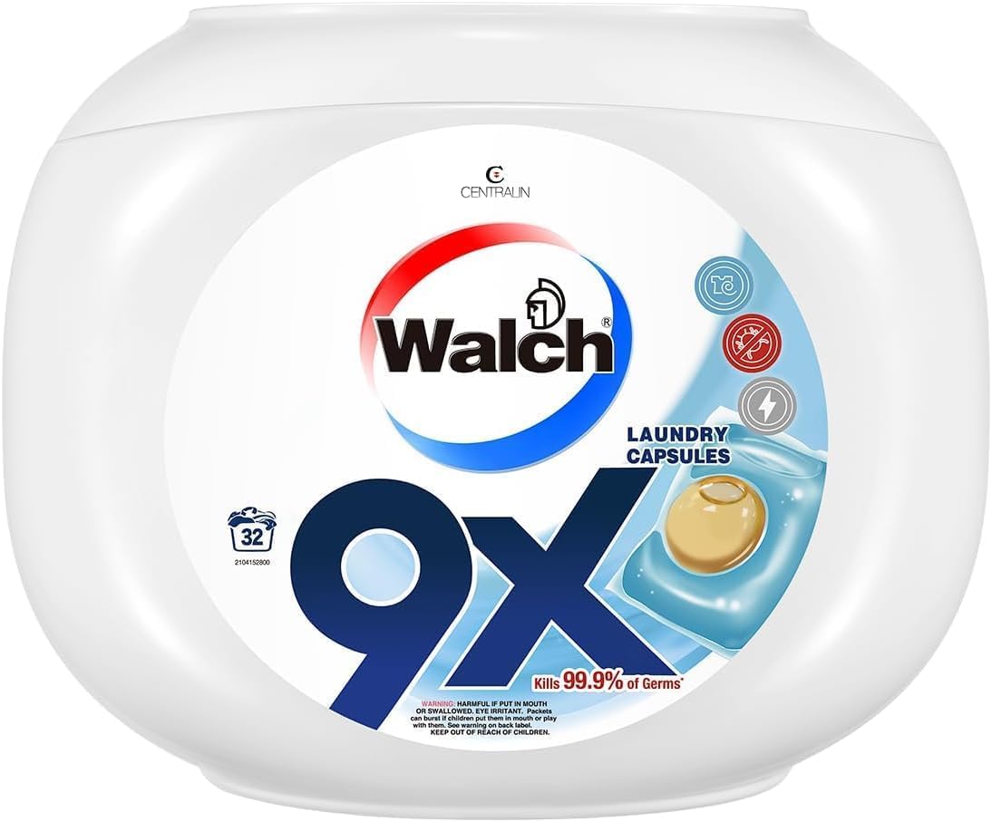 Centralin Walch 9X Antibacterial Laundry Detergent Capsules, German Formulated Plant-Based Ingredients with 9X Cleaning Power, Kill 99.9% Germs and Anti Dust Mites, 32 Pods