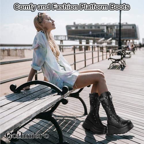 Image of Gothniero High Platform Knee Boots Chunky Heel Wedge Black Boots For Women Combat Goth Punk Motorcycle Booties Zip up With Metal Buckles Size5-11