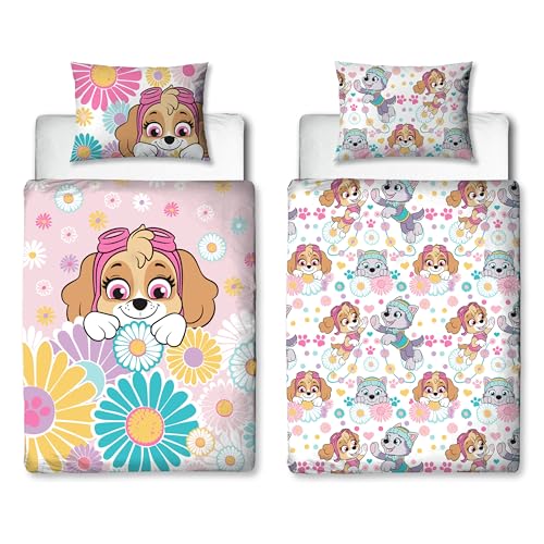 Paw Patrol - Funda de edredón para Cuna Infantil, diseño de Flores y Skye, Reversible, 2 Caras, con Funda de Almohada a Juego, polialgodón