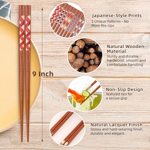 Image of Antner Handmade Japanese Chopsticks Reusable Natural Wooden Chopstick with Box, 5 Pairs Gift Set