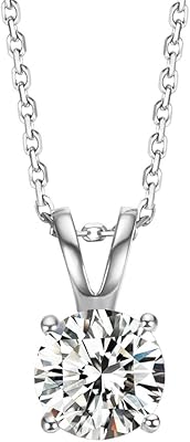 14k Solid White Gold Classic Round 4 Prong Solitaire 1 Carat Moissanite Simulated Diamond DAINTY Pendant Necklace For Women Girls, 16" + 2" Extender, DEW Color VVS