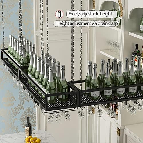 Black Metal Hanging Wine Rack - Upside Down Stemware Holder, Iron Chain Ceiling Storage Shelf for Wine Glasses, Stylish Home Decor (100x25x21cm)