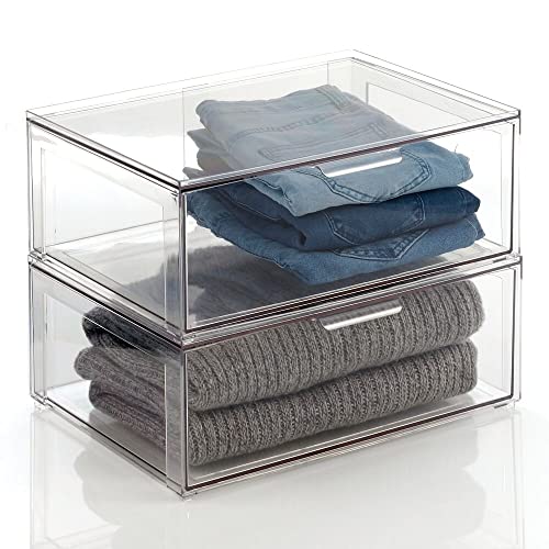 mDesign Plastic Stackable Closet Storage Box with Easy Pull-Out Drawer - Container Bin for Bedroom, Closet, Shelves for Organizing Clothes, Shoes, Accessories - Lumiere Collection - 2 Pack - Clear