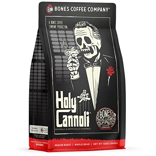 Bones Coffee Company Holy Cannoli, Baked Cannoli Flavored Coffee, Medium Roast Low Acid Arabica Beans Compatible with Auto drip and French Press Coffee Maker, 12 Oz Ground