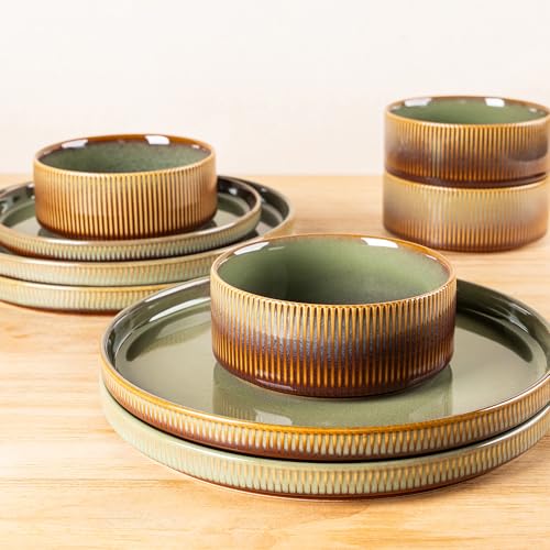 Image of TheTerra Ceramic Dinnerware Sets for 8, 24 Pieces Porcelain Lightweight Plates and Bowls Sets, Scratch Resistant Dish Set, Oven & Microwave & Dishwasher Safe, Sage Umber