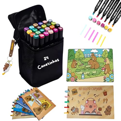 Kit Completo Capivara: 24 Canetinhas Ponta Dupla Livro para Colorir de 48 Páginas Chaveiro Fofinho - Para Todas as Idades