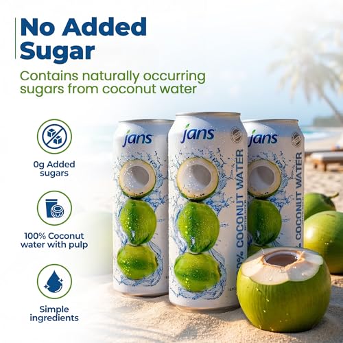 Image of Jans 100% Coconut Water with Pulp, No Added Sugar, Natural Electrolyte Hydration Drink, Unsweetened Coconut Juice Beverage, 16.57 Fl Oz Cans (Pack of 12)