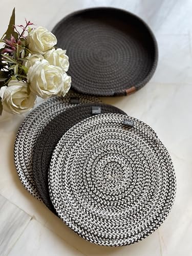 Image of Retro Polypropylene 3 Pc Round Trivet with Basket Holder | Braided Pot MAT, Side Table Mat, Machine Washable Small Place Mat for Casserole for Dining Table (9 inch Dia)