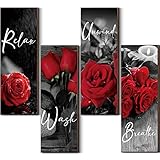 Yookeer Set of 4 Rose Bathroom Wall Art Wooden Flower Restroom Decor Rustic Romantic Floral Farmhouse Modern Breathe Wash Unwind Relax Sign for Living Room Home, 10 x 4 Inch(Red)