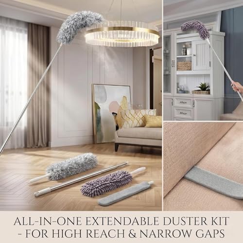 Image of Dishmatic 4 in 1 Long Handle Microfiber Feather Ceiling Duster with Extendable Pole 30-100 Inch with Anti Scratch Bendable Head for Cleaning High Cobweb Stick High Ceiling Fan - Stainless Steel