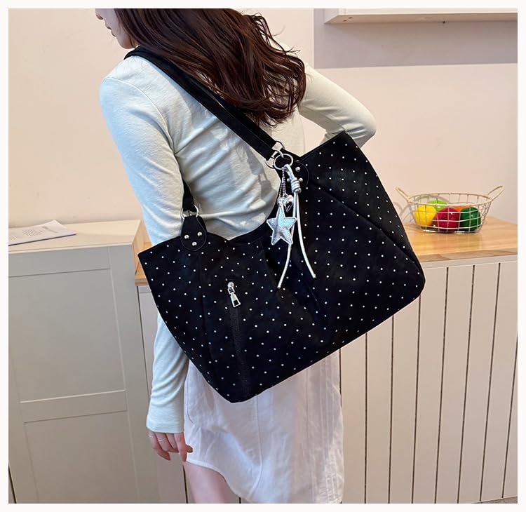 Bolso tote con estampado de lunares para mujer, bolso bandolera Y2K con colgante de estrella, bolso hobo grande para escuela, trabajo y viaje miniatura 2