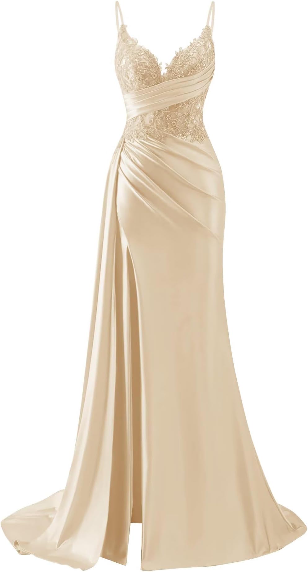 V-Neck Satin Prom Dresses Mermaid Lace Applique Spaghetti Straps Beaded Evening Formal Ball Gowns with Slit