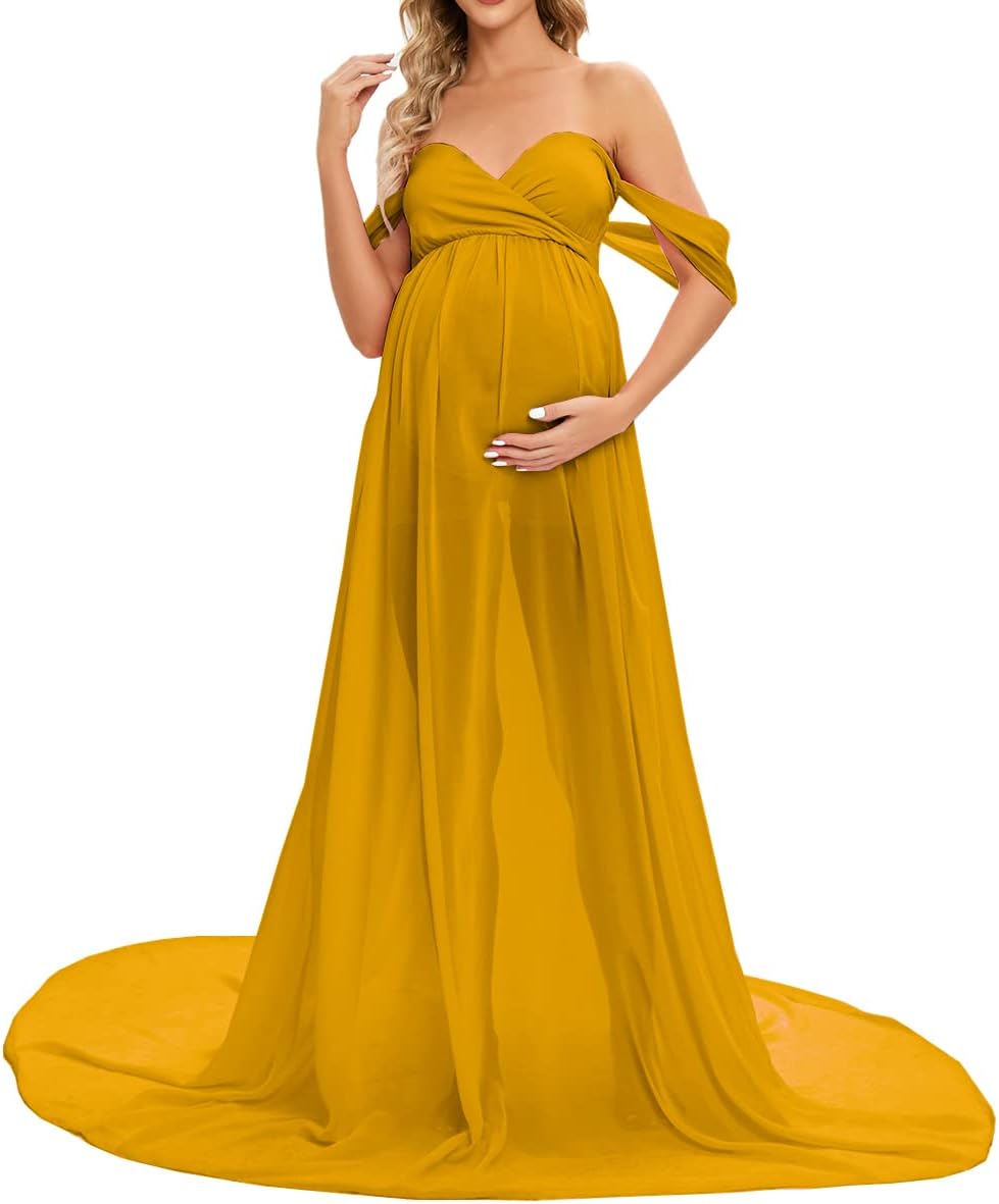 ZIUMUDY Maternity Maxi Chiffon Gown for Photoshoot Photography Off Shoulder Wraped Sheer Chiffon Dress