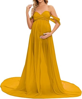 ZIUMUDY Maternity Maxi Chiffon Gown for Photoshoot Photography Off Shoulder Wraped Sheer Chiffon Dress