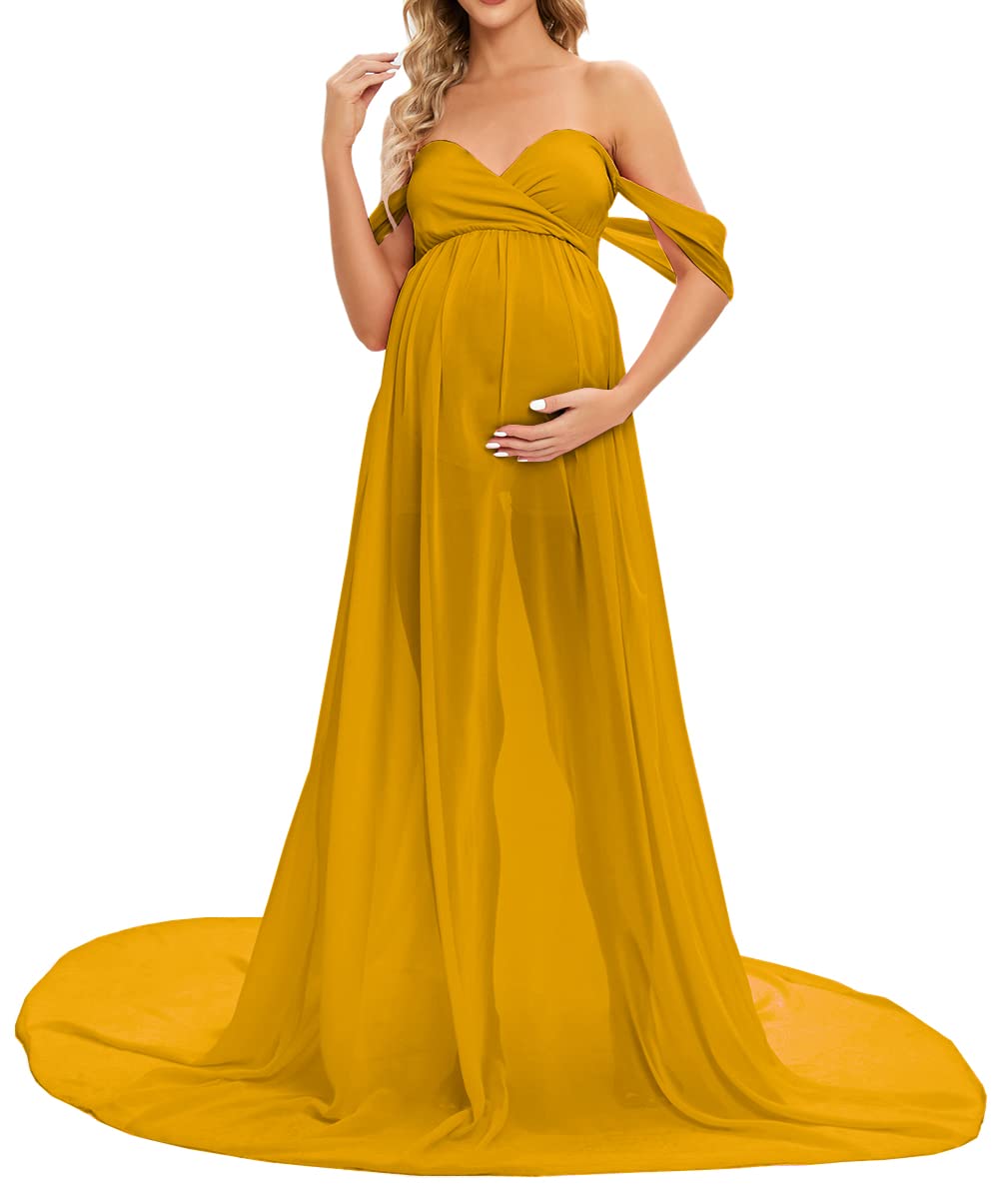 ZIUMUDY Maternity Maxi Chiffon Gown for Photoshoot Photography Off Shoulder Wraped Sheer Chiffon Dress