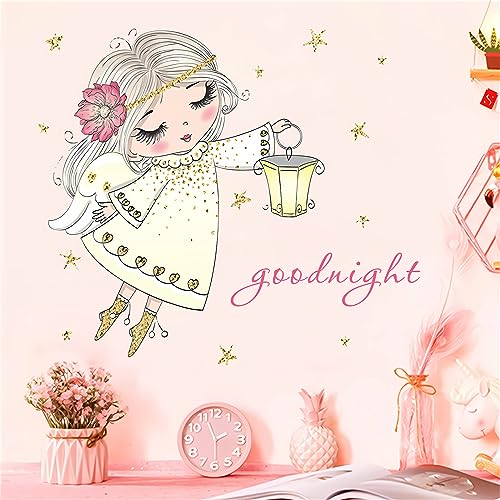 Cute Pink Little Angel Girl Wall Stickers, sacinora Cartoon Good Night Wall Decals Removable Vinyl Peel and Stick for Nursery Kids Baby Children's...