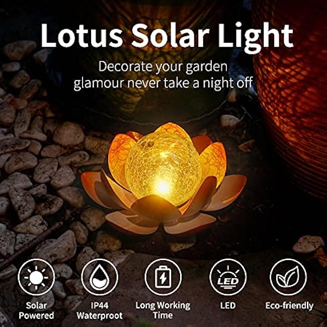 Decorman Solar Garden Lights Outdoor, Crackle Globe Glass Lotus Decoration, Waterproof Metal LED Flower Lights for Yard, Patio, Lawn, Pathway, Tabletop (1 Pack, Orange)