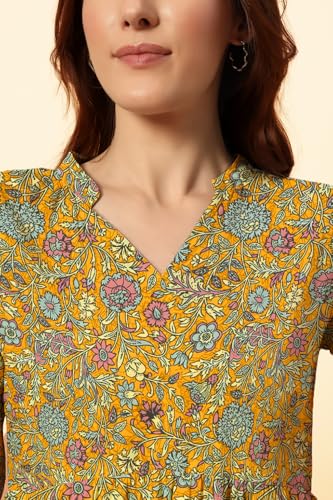 Image of THE DRY STATE Women's Rayon Casual Puff Sleeves Printed Multicolor Crop Top (S, Autumn Glory)