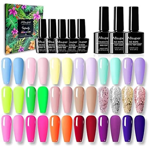 ABsuper Gel Nail Polish, 23Pcs Sparkle Rainbow Collection Soak Off Gel Nail Polish Set Nude Pink Yellow Glitter Purple Blue DIY Gel Polish Starter Kit with Base Glossy Matte Top Coat,Valentines Gifts Cover