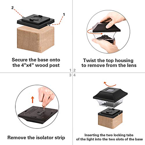 Solar Post Cap Lights Outdoor- 4 Pack LED Fence Post Lights for Wooden Posts Warm White Waterproof for Deck, Patio or Garden Decoration (Black)