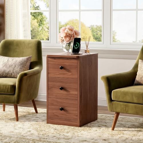 Image of LIKIMIO Nightstand with Charging Station, 3 Drawers Modern for Bedroom | Built-in 2 AC Outlets , Type-C, USB port; spacious storage; side table for living room /bedroom; easy assembly; Walnut