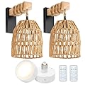 Espossi Battery Operated Wall Sconce, Rattan Wall Sconces Battery Operated Set of 2, Boho Battery Wall Sconce with Remote Control, Wireless Wall Sconce for Bedroom, Living Room, Entryway