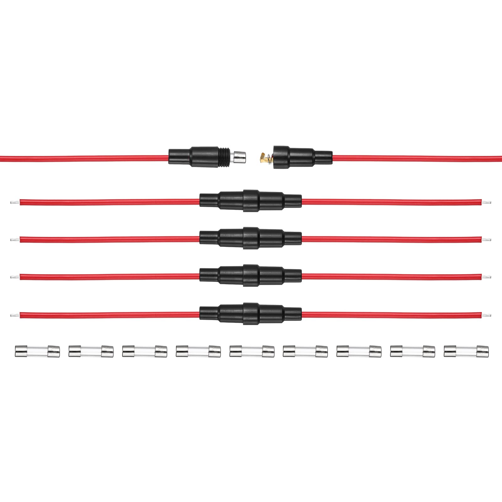 sourcing map 5 Pcs 5X20mm Inline Screw Type Fuse Holder, 250V 5A Fast-Blow Leaded Type Fuse with 22AWG 20cm Wire and F5A 250V Fast Blow Glass Fuses