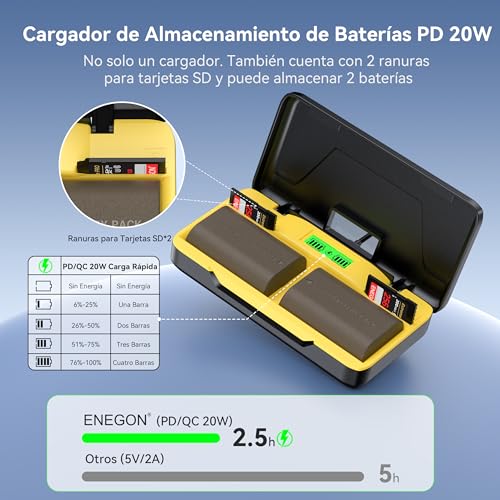 ENEGON LP-E6/LP-E6N - Cargador rápido de Almacenamiento Doble (2 x 3000 mAh) Compatible con Canon EOS 5D, EOS 5D Mark II,EOS 6D, 7D, 60D, 70D, 80D, 90D, XC10, XC15, Pantalla LCD - imagen 3