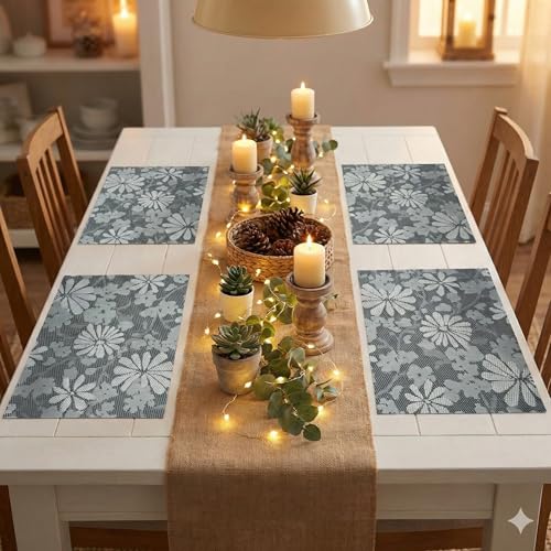 Image of YELONA Placemats for Dining Table - Heat Resistant, Non-Slip & Washable PVC Vinyl Table Mats - Set of 8, 45 x 30 cm (Grey & White)
