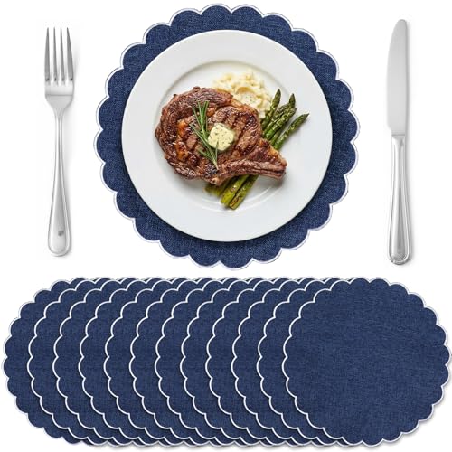 Set of 12 Navy Blue Cotton Placemats 15″ Round Scalloped White